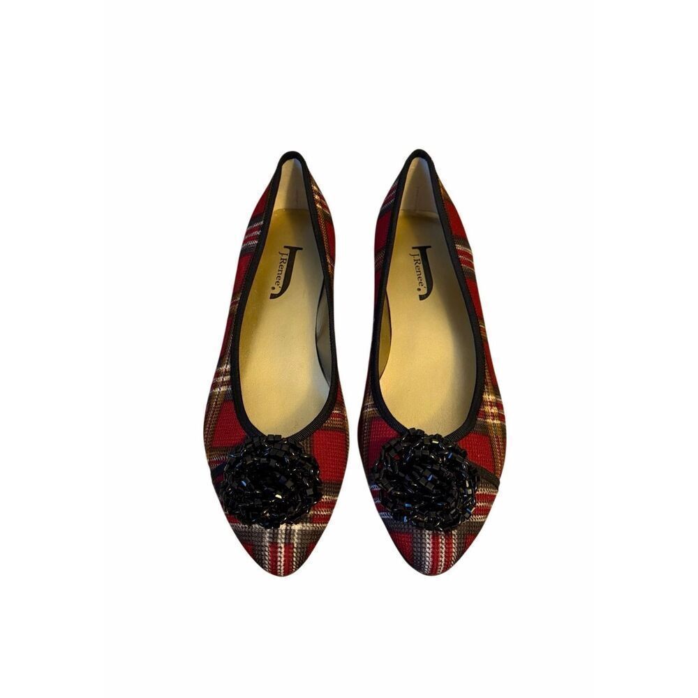 J Renee Flats Pointed Almond Toe Beaded Plaid Red Black size 9